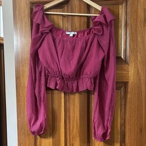 HYFVE Pink Crop Blouse with Ruffled Neckline and Billowy Sleeves